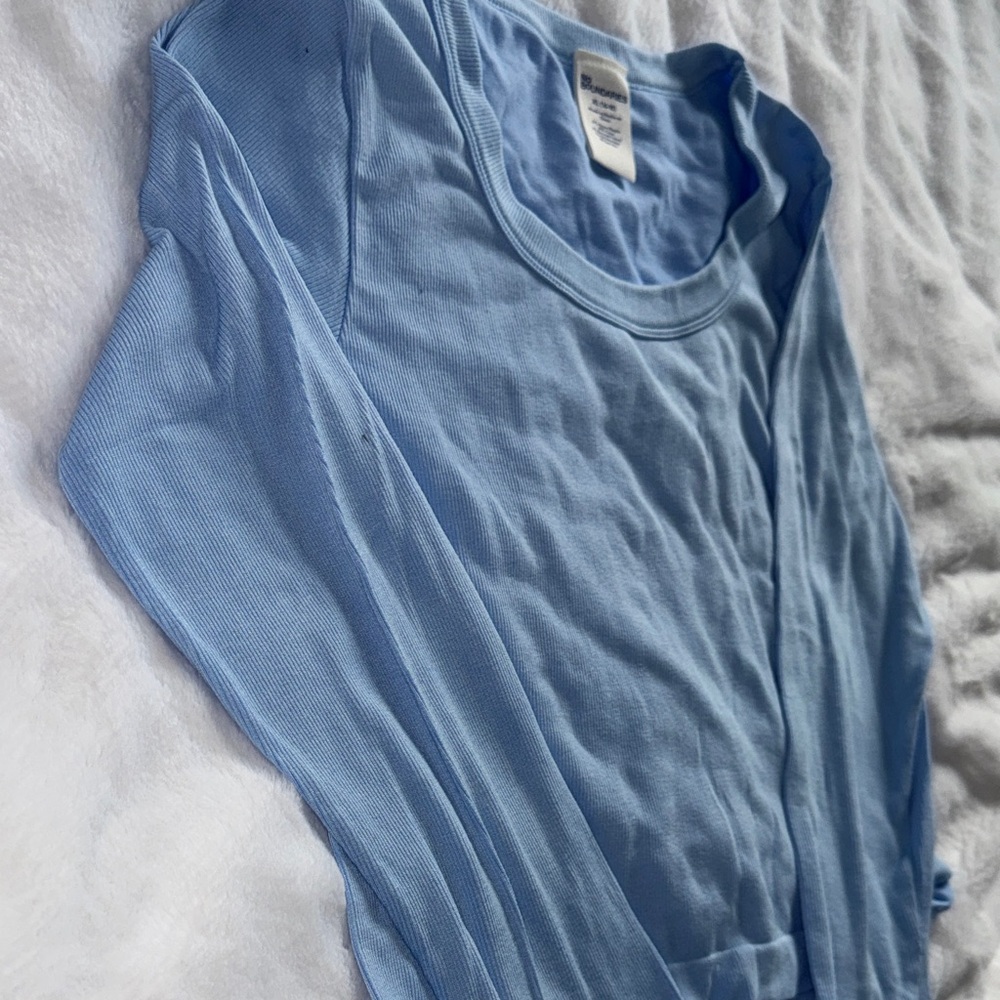 Blue Ribbed Long Sleeve Top XL Fitted Stretch Basic Layering Tee - Picture 6 of 9